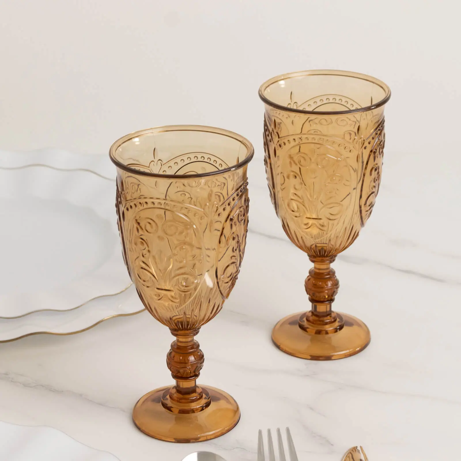 Retro Amber Plastic Drinking Glasses - 24-Pack 10oz Vintage Embossed Tall Goblets, 7" Upscale Kitchenware for Birthday, Wedding Table Fit Hand Wash Water & Juice Cups