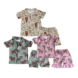 floral highland Cow Print Short sleeve kids pajamas & Baby Set