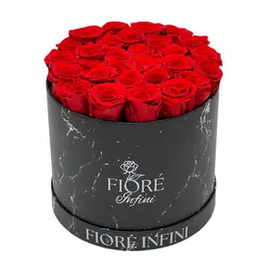 Red Forever Roses In A Large Round Black Marble Box