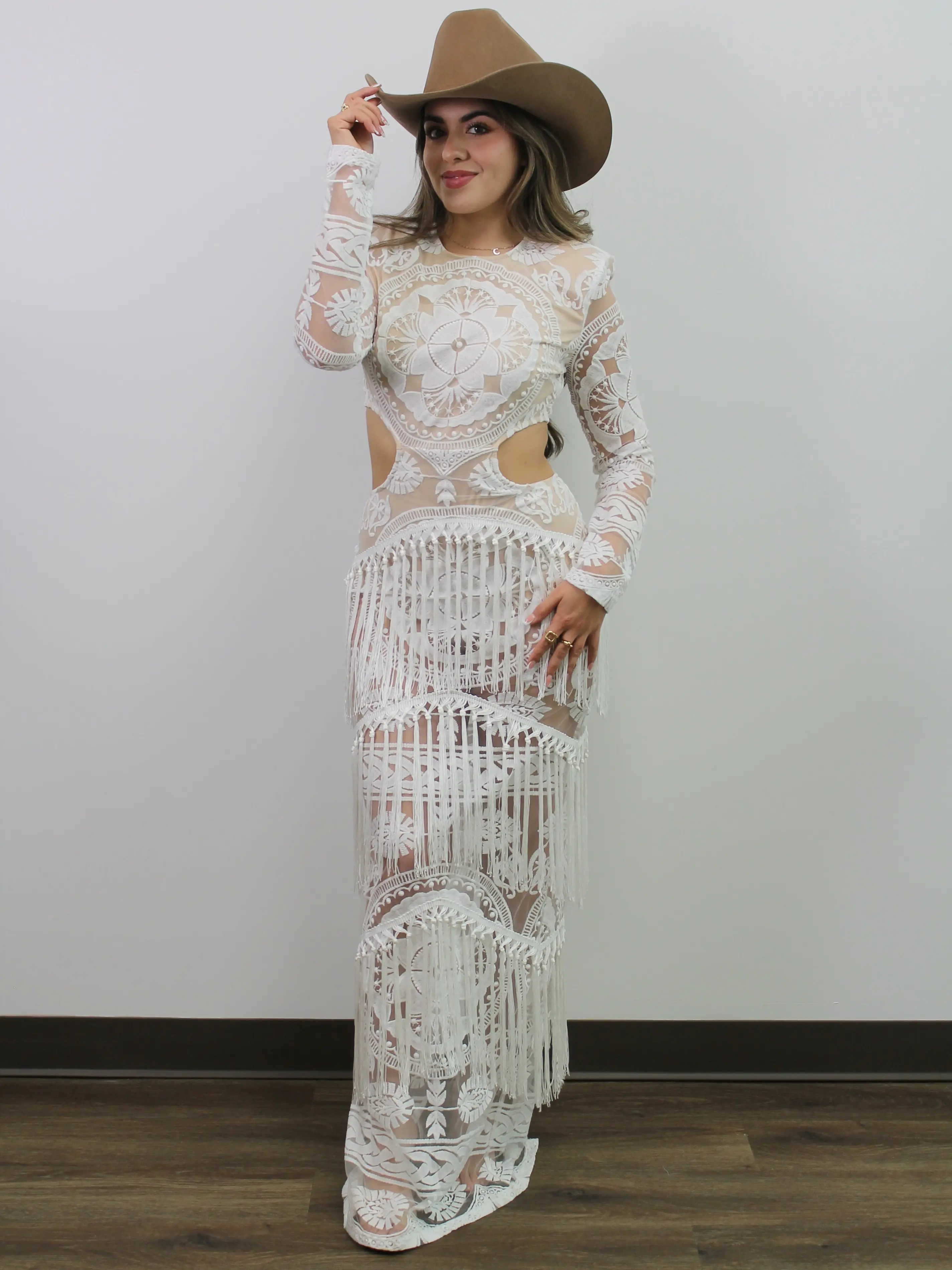 WHITE FRINGE BAROQUE LACE MAXI DRESS