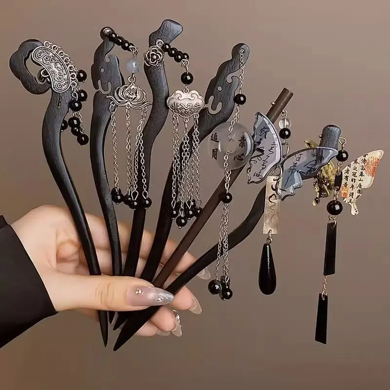 Unisex 6PCS Carved Ethnic Miaojiang New Chinese Wooden Texture Hairpin Set - Elegant Versatile Hair Clips for Hanfu Qipao, French Octopus Clavicular Clips for Auspicious Engagements, Ceremonies, Anniversaries & Birthdays, Engagement