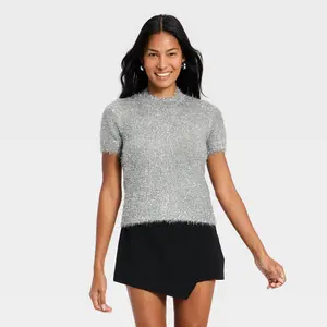 Women's Short Sleeve Round Neck Tinsel Pullover Sweater - A New Day Silver XL