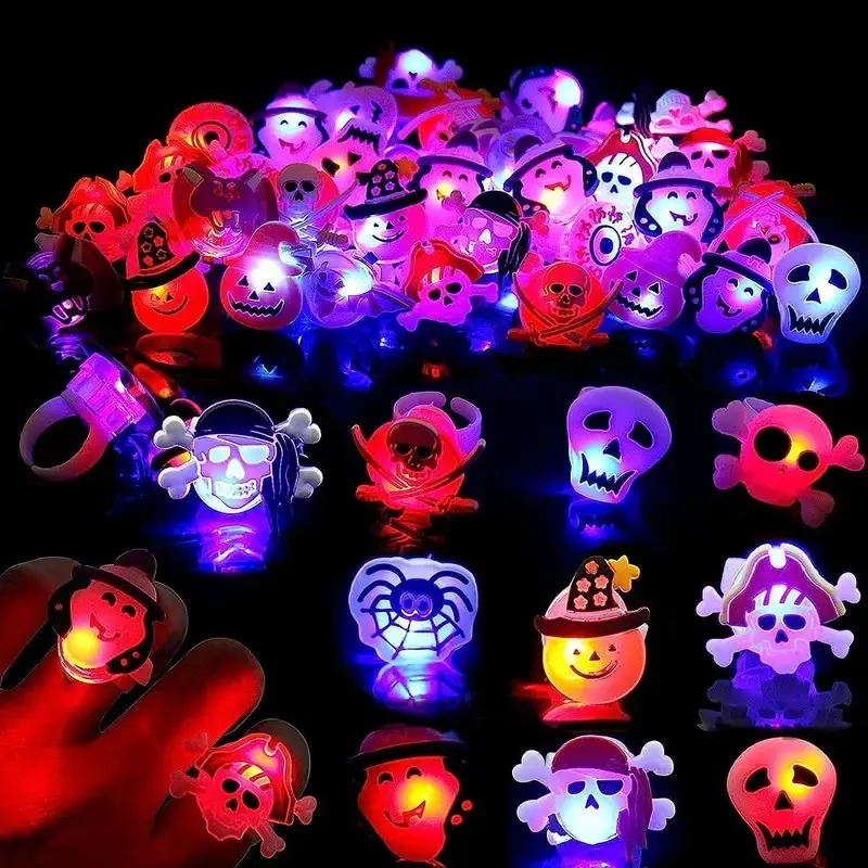 50PCS Halloween LED Light Up Rings – Pumpkin & Skull Party Favors, Spooky Glow Toys for Kids & Adults, Fun Gift Exchange & Party Decorations