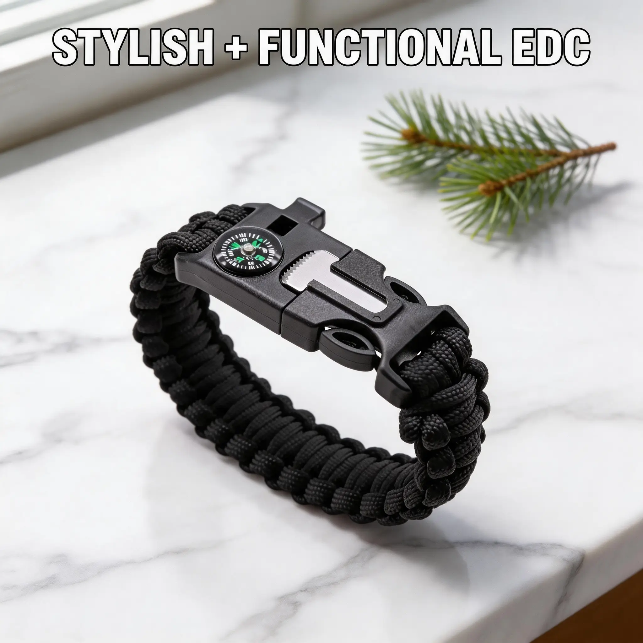 Paracord Survival Bracelet with Compass, Metal Double Buckle – Outdoor Tactical Emergency Gear for Hiking, Camping