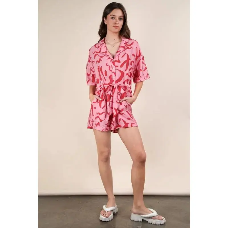 Pink Printed Button-Down Resort Romper