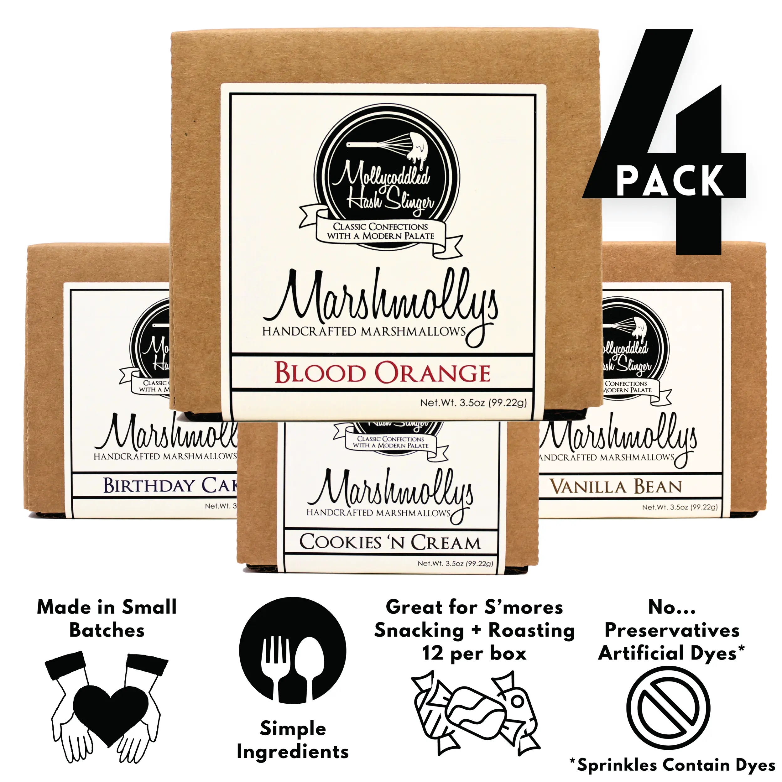 Mollycoddled Hash Slinger - Marshmolly Marshmallow - 4 pack - 3.5oz per box - Blood Orange - Cookies 'n Cream - Birthday Cake - Vanilla Bean - Dye Free Candy - Handmade Marshmallows - Sweets - Candy