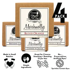 Mollycoddled Hash Slinger - Marshmolly Marshmallow - 4 pack - 3.5oz per box - Blood Orange - Cookies 'n Cream - Birthday Cake - Vanilla Bean - Dye Free Candy - Handmade Marshmallows - Sweets - Candy