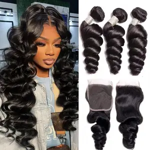 VIPbeauty  Loose Wave Human Hair Bundles Loose Wave Bundles with 5x5 lace Closure Human Hair Bundles Loose Deep Wave Hair 3 Bundles with Closure 10A Grade Brazilian Virgin Hair