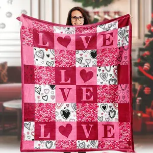 1pc Romantic "Love" Patchwork Fleece Throw Blanket - Cozy & Warm Flannel with Red Roses & Heart Patterns, Soft Polyester 100.0% - Perfect for Bed/Couch/Sofa, All-Season, Tear-Resistant, Vintage Style - Ideal Valentine's Day Gift for Women & Girl