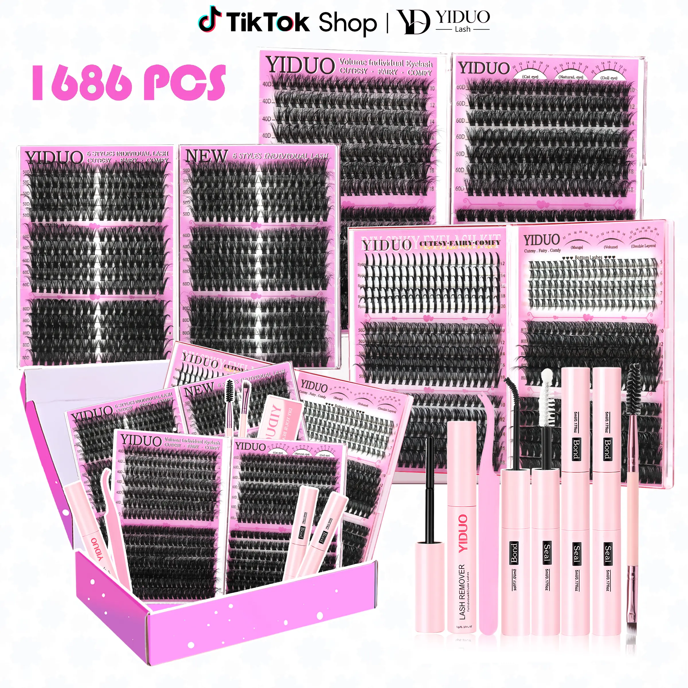 YIDUO Mega Volume Lash Cluster Kit - 2X Bond & Seal, Cosmetic DIY Eyelash Extensions, Beginner Bulk Pack for Natural Look, Fluffy Wispy Adult False Lashes, BackToSchool
