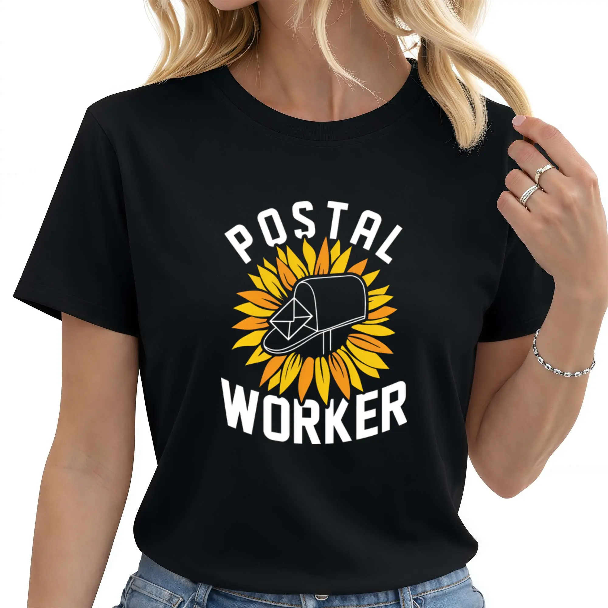Women's Black Limited Edition Postal Worker Sunflower Printed Short-Sleeve Cotton Top - Unisex Hip-Hop Streetwear, Casual Daily Wear, Comfortable Elastic Fabric, Crew Neck, Fitted Regular Fit