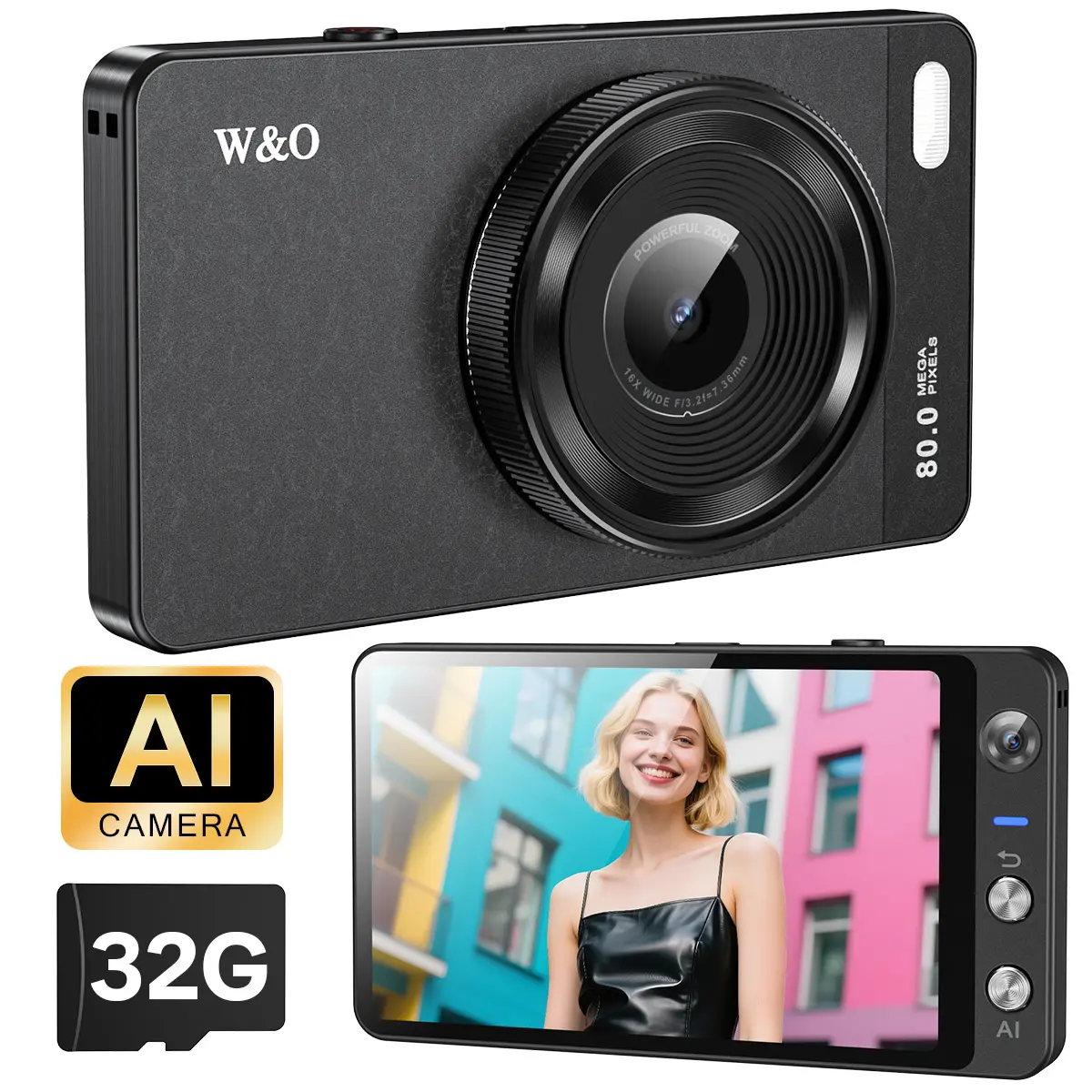 【Christmas Gift】W&O Portable AI Digital Camera, WiFi Cameras for Photography with Object Recognition, Compact Point and Shoot Digital Camera with Dual Lens, Flash, 4.0" Touch Screen