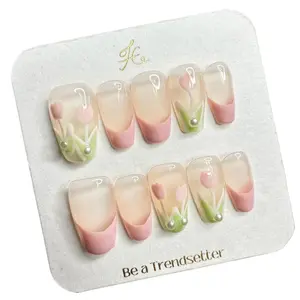 M51 New pure handmade Dream Garden tulip pink small hand-painted removable press on nails