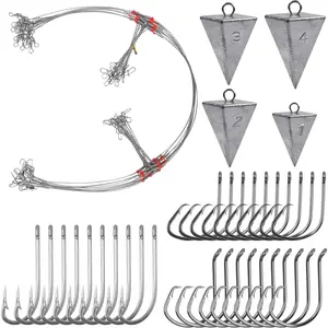 Surf Fishing Leader Rig – 46pcs Pyramid Sinker Octopus Circle Forged Hook Wire Trace Leader Rig with Swivel Snaps Beads
