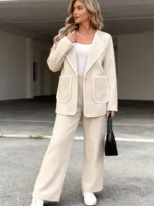 Two-piece women's beige wavy edge decoration small fragrance suit retro commuting lapel Fitted suit jacket + wide-leg pants two-piece set, suitable for autumn and winter, suitable for commuting, shopping, coffee shop visit, Long Sleeve