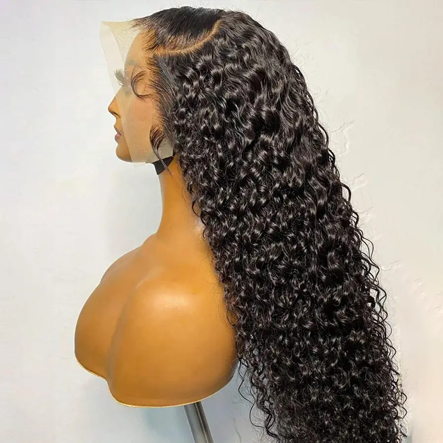 Deep Wave 13X6 HD Lace Front Human Hair Wig Water Wave Transparent Lace Front Wigs Brazilian Virgin Hair Pre Plucked Curly Wave Wig With Baby Hair For Women 180% Density Natural Black