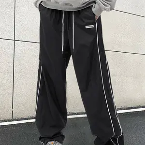 Unisex Regular Fit Letter Patched Side Stripe Drawstring Waist Pants, Casual Pocket Elastic Waist Trousers for Daily Wear, Fashion Men's Bottoms for All Seasons