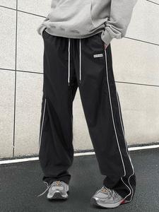 unisex regular fit letter patched side stripe drawstring waist pants, casual pocket elastic waist trousers for daily wear, fashion men's bottoms for all seasons, pants for men, wide leg trousers, relaxed fit pants, menswear