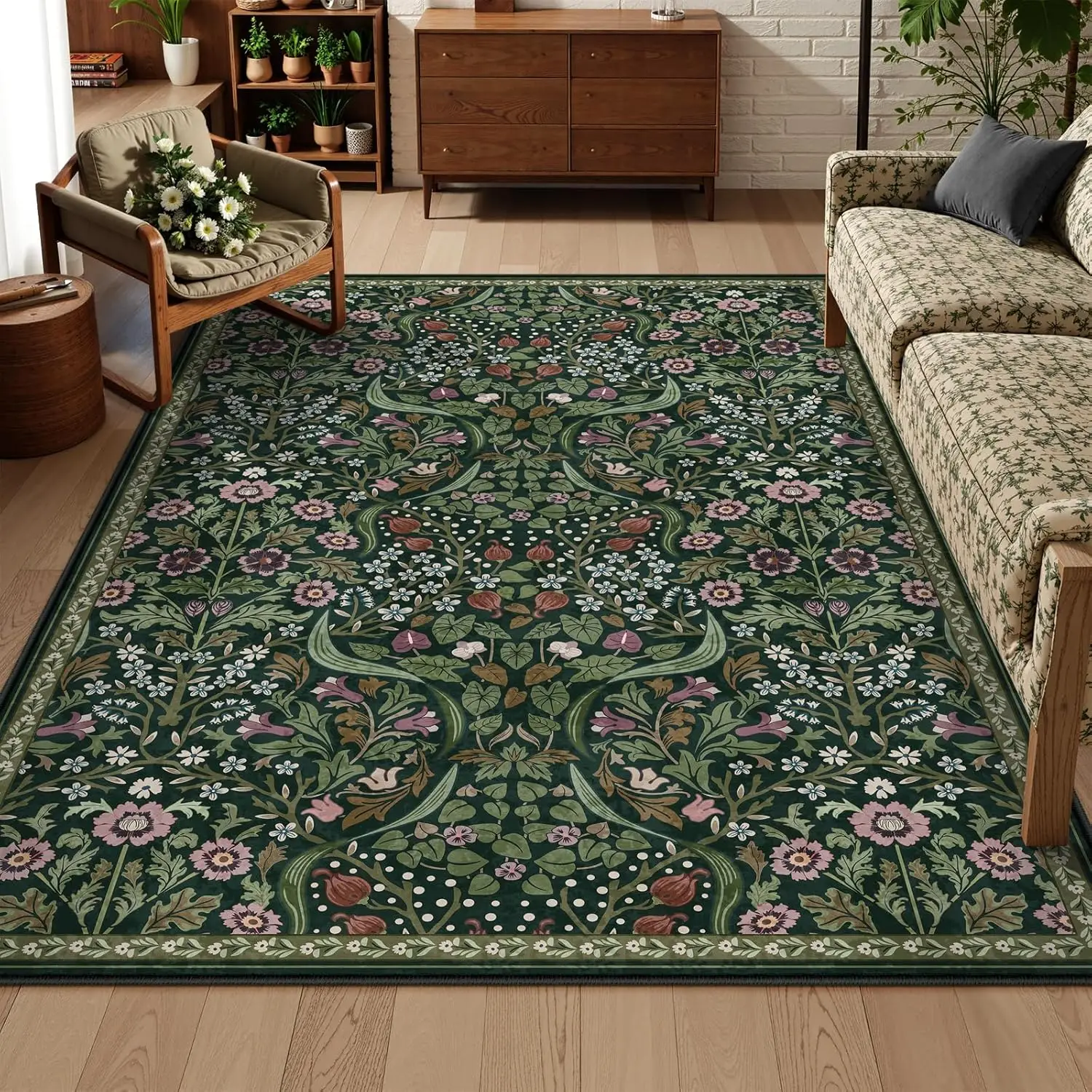 Lahome Floral Washable Rug, Large Rugs for Living Room, Soft Boho Bedroom Rugs, Non Slip Botanical Ultra Thin Floor Carpet for Dining Room Nursery