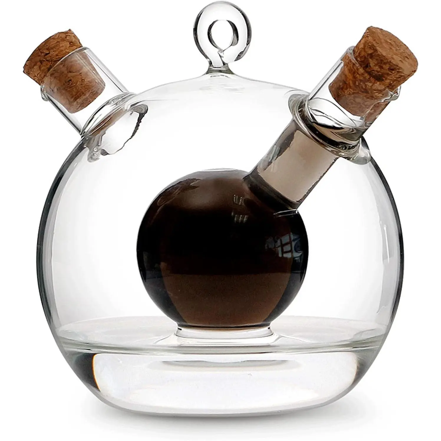 2 in 1 Oil and Vinegar Dispenser Cruet Bottle, Kitchen Supplies Glass Olive Oil and Balsamic Vinegar Cruet Bottle with Cork Stoppers, Hand-blown Glass Jar (Ball Shape)
