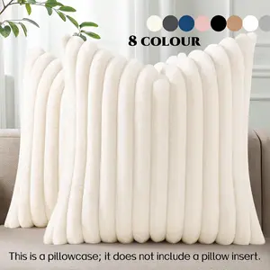 Plush Filled Spring Pillow Covers, 18x18 Inch, Set of 2/4, Luxurious Soft Fluffy Striped Decorative Pillow Cases, Cream, for Sofa, Armchair, Living Room