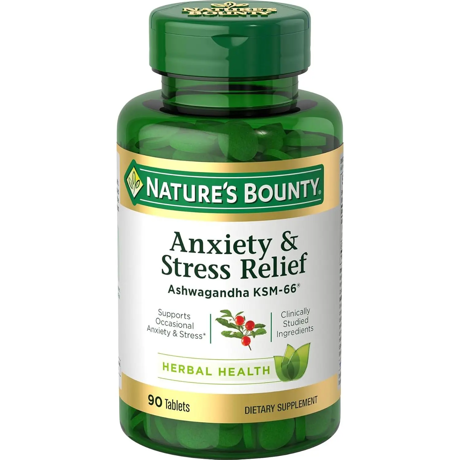 Nature's Bounty Stress Relief, Ashwagandha KSM-66, Supports Occasional Stress Relief, Dietary Supplement, 2 Tablets per Day, Vegetarian Tablets, Gluten Free, 90 Ct