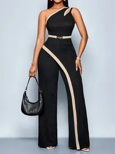 Summer Casual Elegant Chic Women's Colorblock Patchwork High Waist Wide Leg Jumpsuit, Slim-Fitting Long Pants, Fashionable H-Type