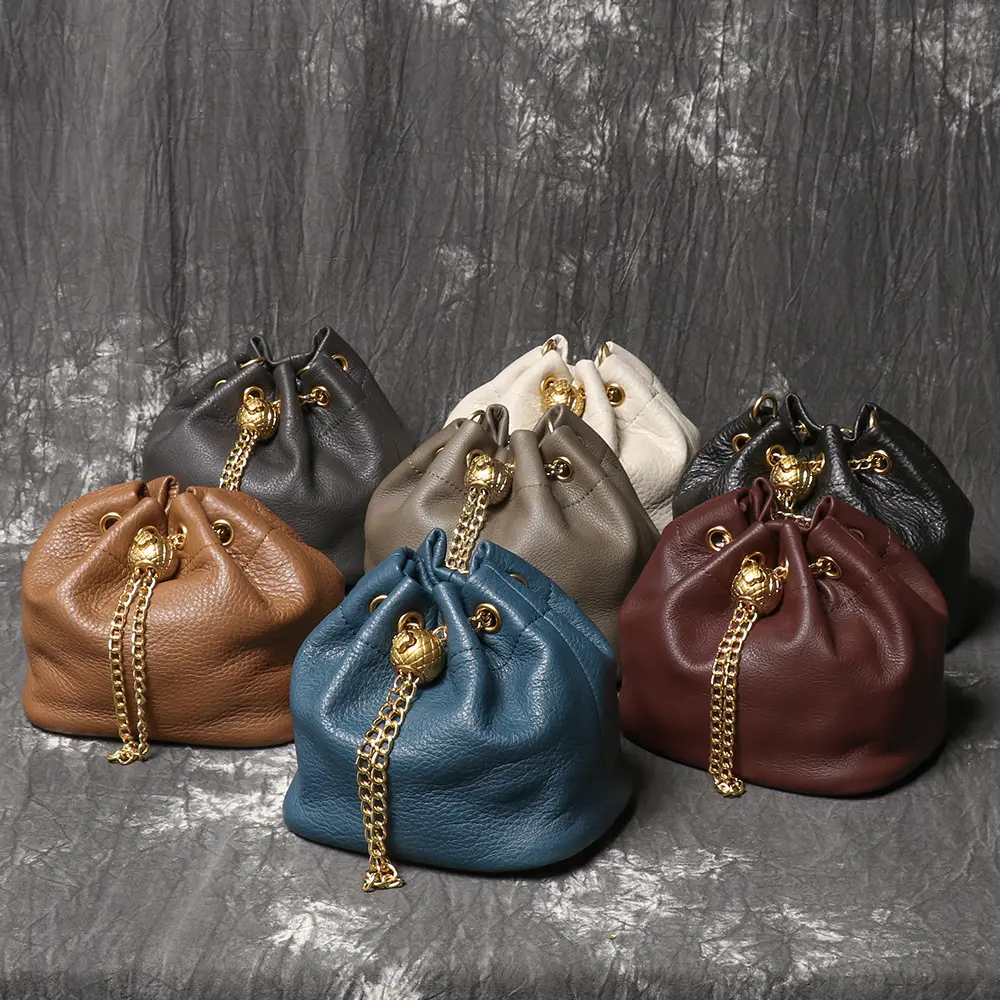 Genuine Leather Handbag for Women, Soft Calf Leather Handbag, Shoulder Strap and Crossbody Bag, Small Bucket Bag, Drawstring Closure, Solid Color, Minimalist Style, Lightweight, with Polyester Lining, for Women