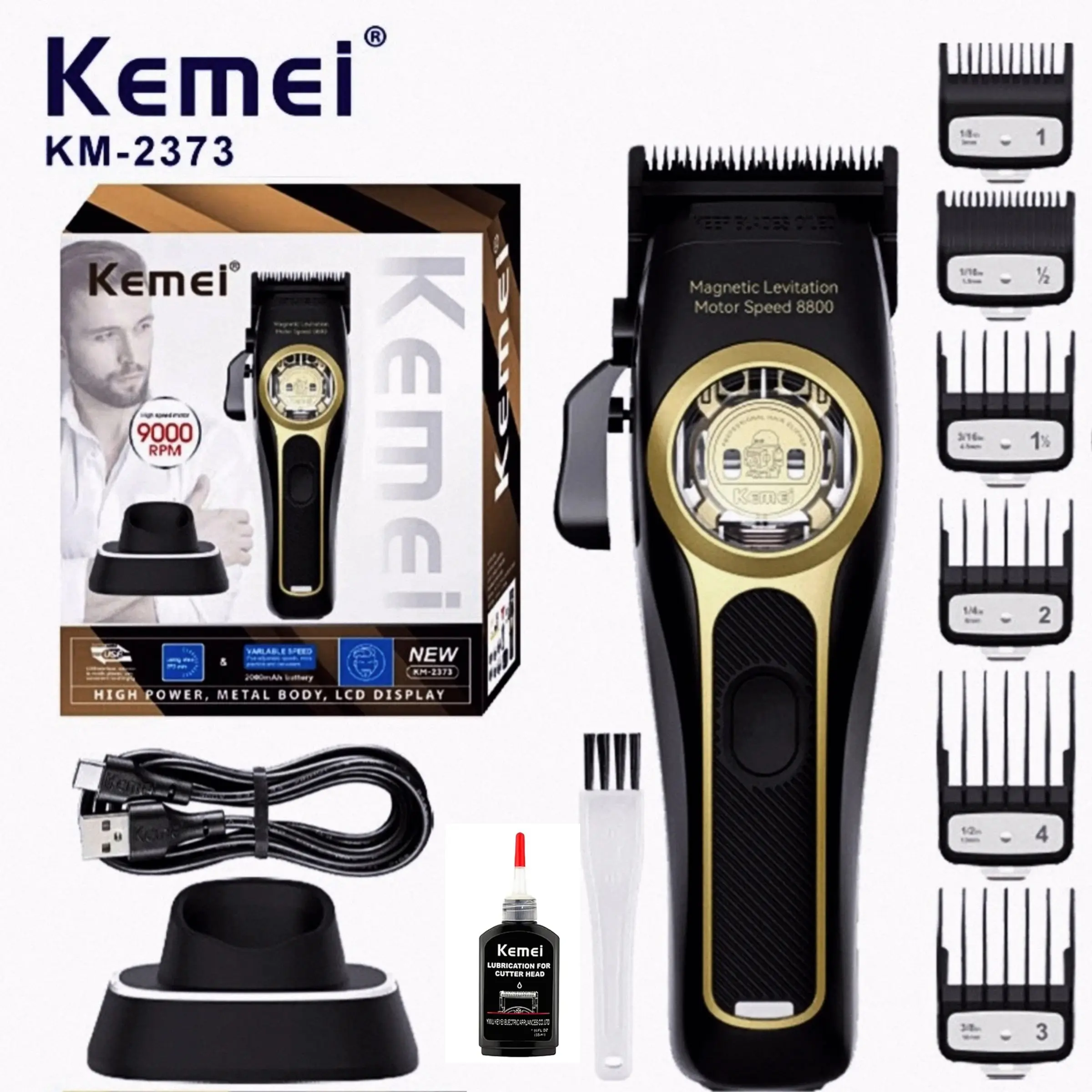 Professional Cordless Hair Clipper with Magnetic Suspension Motor, 8800 Rpm Charging Base, Men's Grooming Tool Km-2373, USB Rechargeable Clipper, Cordless Hair Clippers, Cordless Hair Cutting