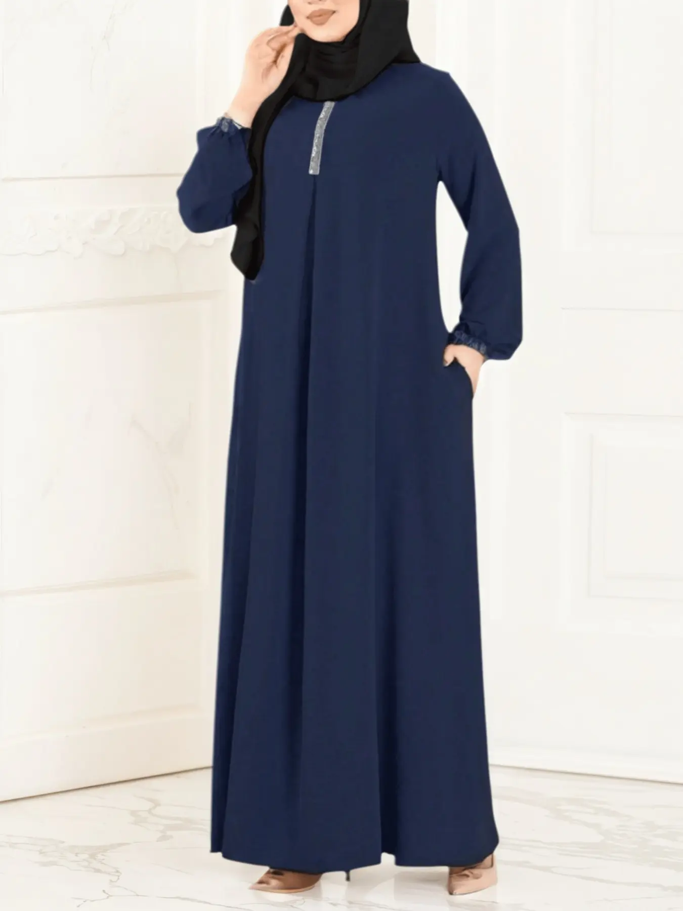 Elegant Women's Lantern Sleeve Round Neck Abaya Dress, Loose-Fit Woven Fabric, Modest Islamic Clothing for All Seasons, Islamic Modesty Clothes