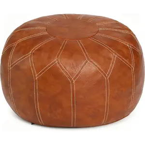 Unstuffed Moroccan Faux Leather Pouf Ottoman with Storage -  Boho Chic Multi-Use Footrest for Living Room, Bedroom, Patio - Round Ethnic Floor Cushion & Decorative Accent, Brown