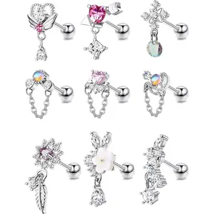 Jstyle 9 Pcs 16G Dangle Cartilage Earrings for Women Stainless Steel Stud Earrings Heart Arrow Feather Snowflake Wing CZ Dangling Cartilage Earrings Tragus Conch Helix Piercing Jewelry Daily