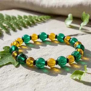 Dark Green and Yellow Glass Beaded Fall Colors Stretchy Bracelet 6.5 Inch Adjustable Beaded Jewelry for Autumn Outfits