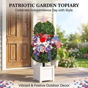 Patriotic Garden Topiary Tree, 4th of July Decorations, Artificial Boxwood with American Flag, Outdoor Home Decor for Memorial Day, Artificial Trees Outdoor