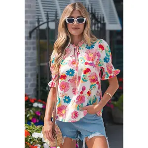 Beige Vibrant Summer Floral Tie V Neck Short Puff Sleeve Blouse