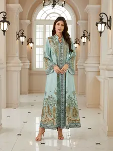 Women's New Vintage Coconut Flower Print Robe, Dubai Style Kaftan Evening Dress, Ramadan Eid Abaya, Elegant Long Gown