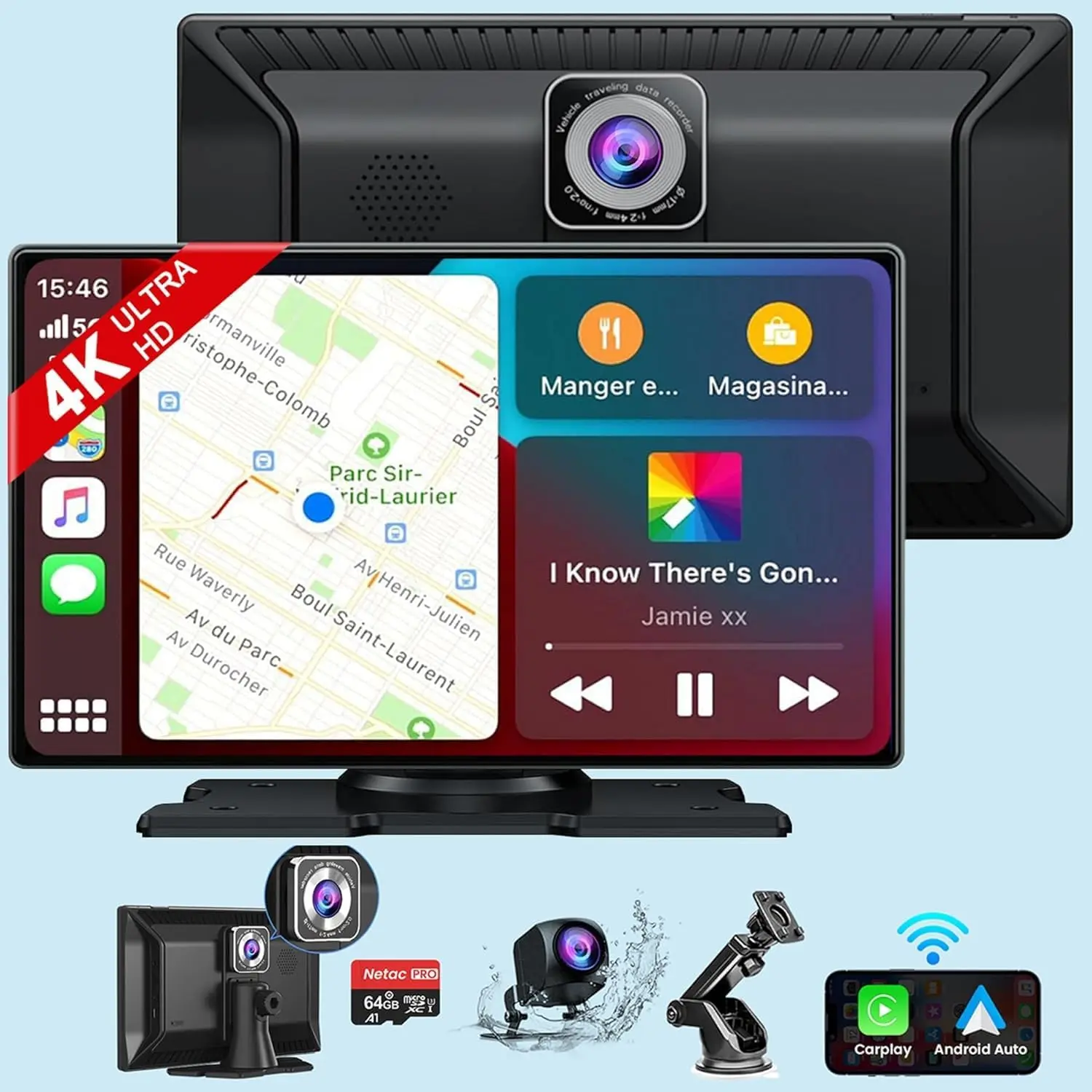 Car Screen & Wireless CarPlay,9 Inch Wireless Car Stereo with 4K Dash Cam/1080P Backup Camera, CarPlay Player with GPS/AUX/FM/64G SD Card Touchscreen Radio Receiver