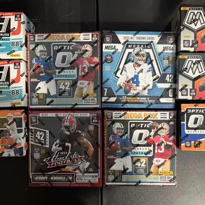 2- 21 donruss blaster, 2- 21 donruss optic blaster, 2- 21 mosaic blaster, 2-23 optic mega, 1- 23 absolute mega and 1- 25 mosaic mega box break