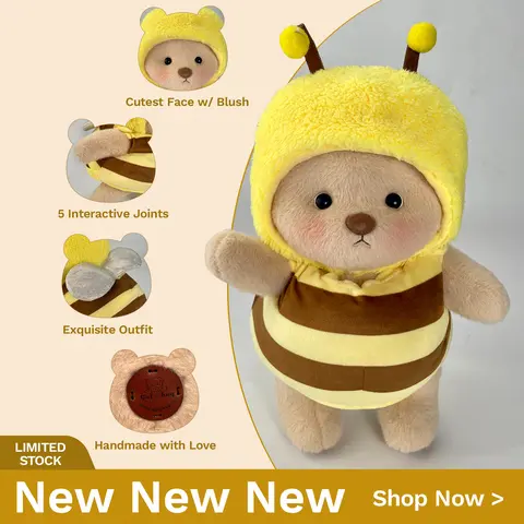 Getahug Happy Little Honey Bee Teddy Bear - Poseable Jointed Cuddly Stuffed Animal with 5 Movable Joints, Weighted Fluffy Doll, Anthropomorphic Animal Character Stuffed Toy for Girls (Ages 6+), 30-Day Hassle-Free Returns, Birthday Gift, Cuddly Stuffed Ani