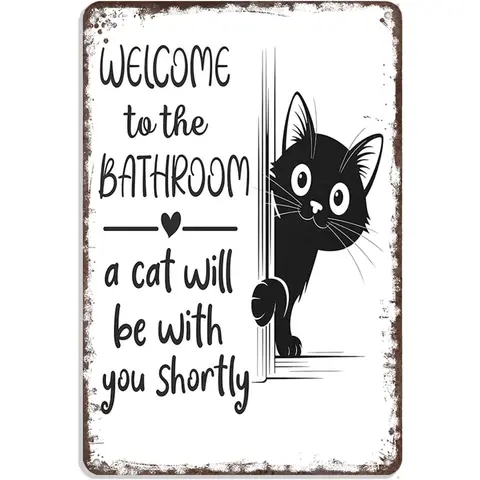 Vintage Black & White Cat Metal Wall Art Plaque - 8x12in Funny "Welcome To The Bathroom" Sign, Durable Metal Home Decor Products, Bathroom Decorations, Adds Personality To Walls, Built To Last Through Use, Retro Restroom Accent, Fun Gift Idea