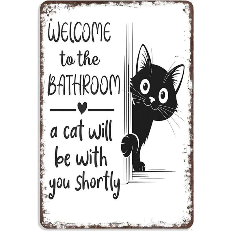 Vintage Black & White Cat Metal Wall Art Plaque - 8x12in Funny "Welcome To The Bathroom" Sign, Durable Metal Home Decor Products, Bathroom Decorations, Adds Personality To Walls, Built To Last Through Use, Retro Restroom Accent, Fun Gift Idea