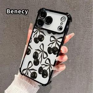 [Full-Upgraded Lens Protection] Black Cherry Pattern Four Corner Anti-Fall Phone Case Transparent Electroplated Protective Cover for iPhone 17 16 Pro Max 15 Plus 14 13 12 11 E Air