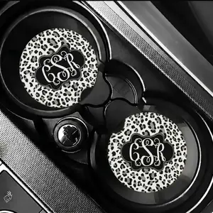 Black & White Leopard Monogram Car Coasters – Personalized Cheetah Print Cup Holder Inserts, Elegant Custom Initial Car Decor, Trendy Minimalist Girly Accessory