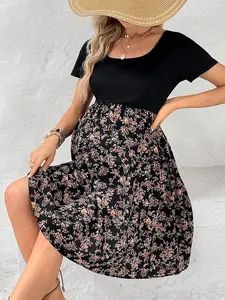 Maternity Printed Patchwork Dress | Short Sleeve | Spring Summer Casual