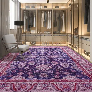 Red/Blue Retro Boho Area Rug,Non-Slip,Machine Washable Carpet,Faux Cashmere Floral Vintage Carpet,Low Pile Indoor Rug for Bedroom Living RoomHome Office Kids Room Playroom Nursery Kitchen Classroom,4x6 Feet,5x7 Feet