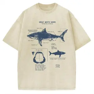 Great White Shark Anatomy Vintage Washed T-shirt, Gym Essential, Vintage Casual Crewneck Short Sleeves Menswear Womenswear Tops Classic Cotton Fabric Streetwear