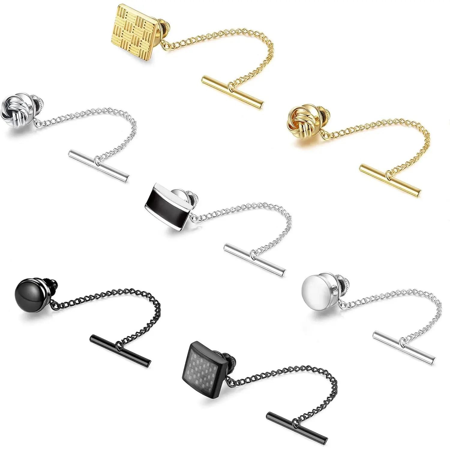 FUNRUN 7Pcs Tie Tacks for Men with Chain – Gold Silver Black Tie Pins Set, Classic Necktie Clutch for Wedding, Business, Gifts for Him Dandy Jewellery
