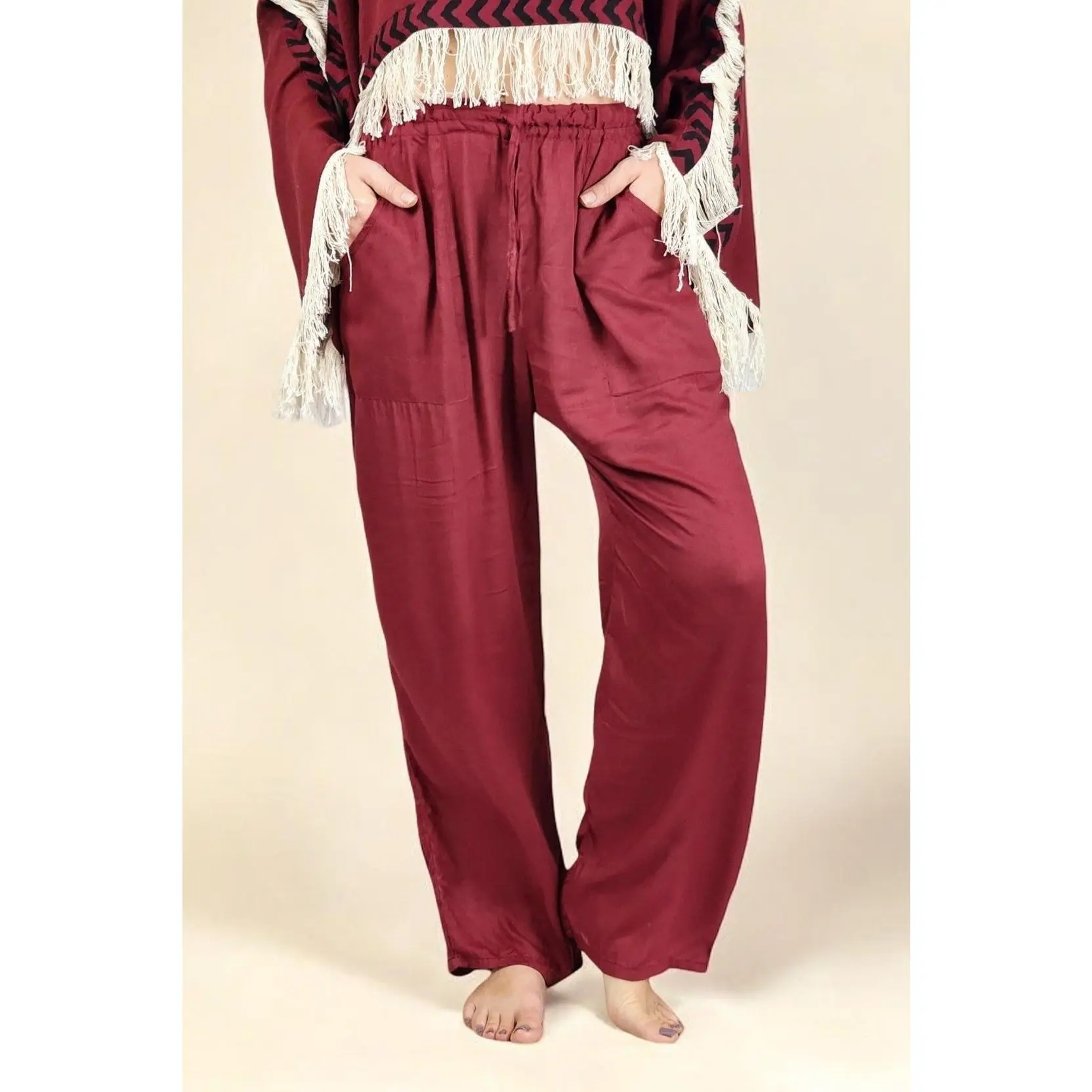 Sustainable Rayon Trousers Maroon Loose Fit All Seasons Casual Pants Breathable Soft Cotton Fabric Adjustable Waistband Earthy Comfort