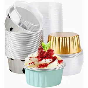 50-Pack Mixed Color Disposable Baking Cups with Lids, 5oz Mini Aluminum Foil Baking Cups, Caramel Pudding Cupcake Liners, Dessert Cheesecake Pans, Custard Molds, Tin Cups for Party Use