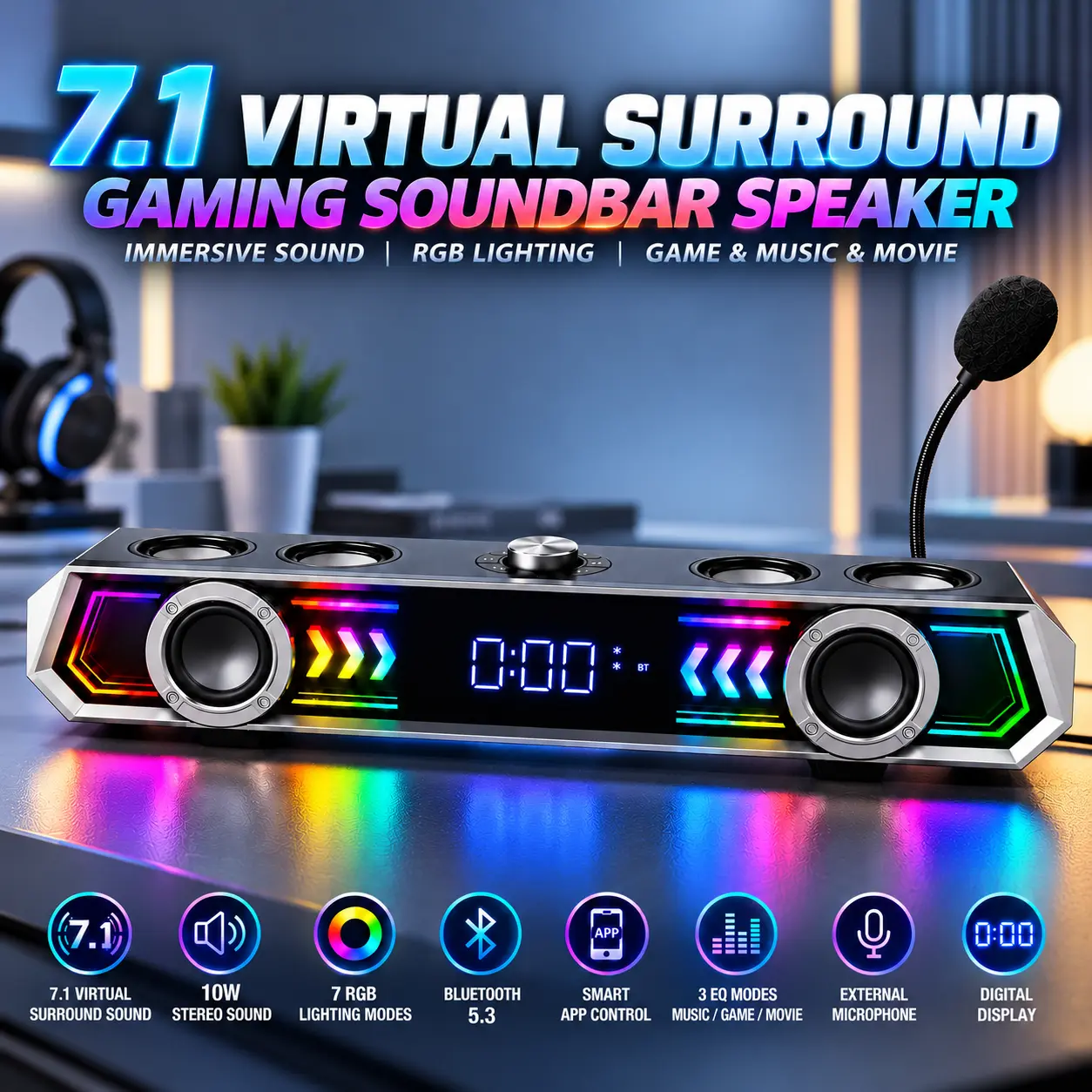 2026 New Bluetooth 5.3 Gaming Soundbar Speaker, Virtual 7.1 Surround Sound, Dual Speakers, 7 RGB Lighting Modes, 1200mAh Rechargeable Battery, Digital Display, External Microphone, Desktop PC Speaker, Christmas Gifts For Men And Women